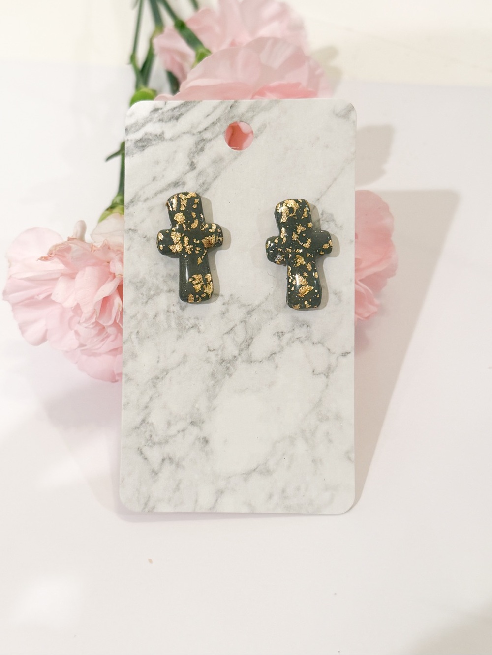 Green Cross Studs with Gold Flakes Clay Earrings